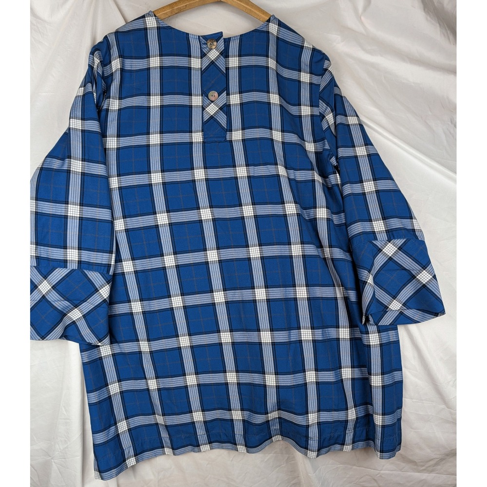 J. Jill Blue Plaid Tunic Top Petite Large High Low Hem 3/4 Sleeve Button Back